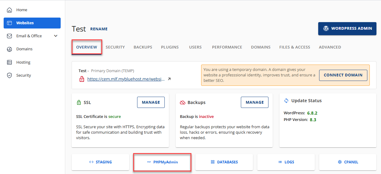 Account Manager - Hosting Tab - PHPMyAdmin