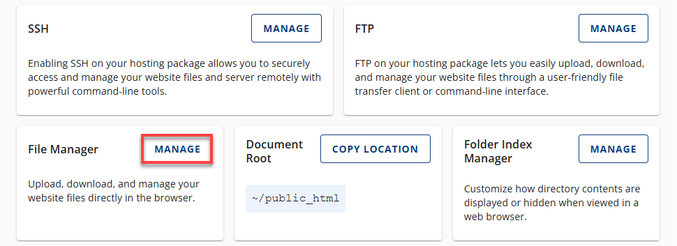 BH Account Manager Websites Tab - Files and Access Manage FM