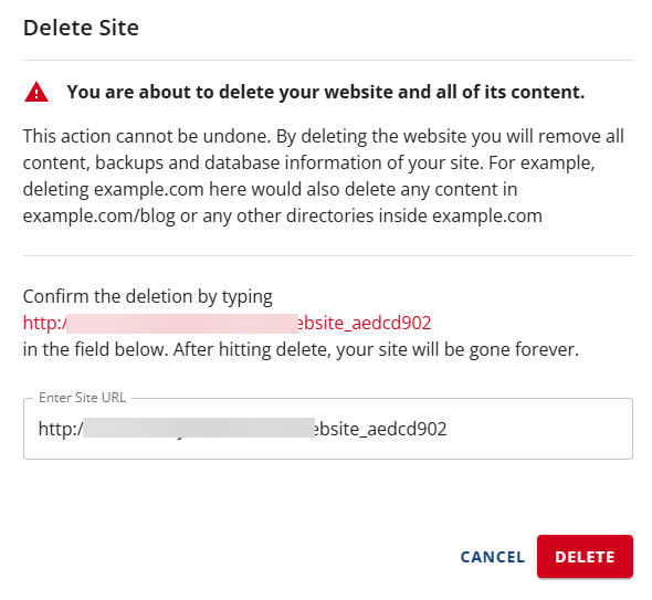 Bluehost Account Manager - Advanced Tab Site Management - Delete site permanently