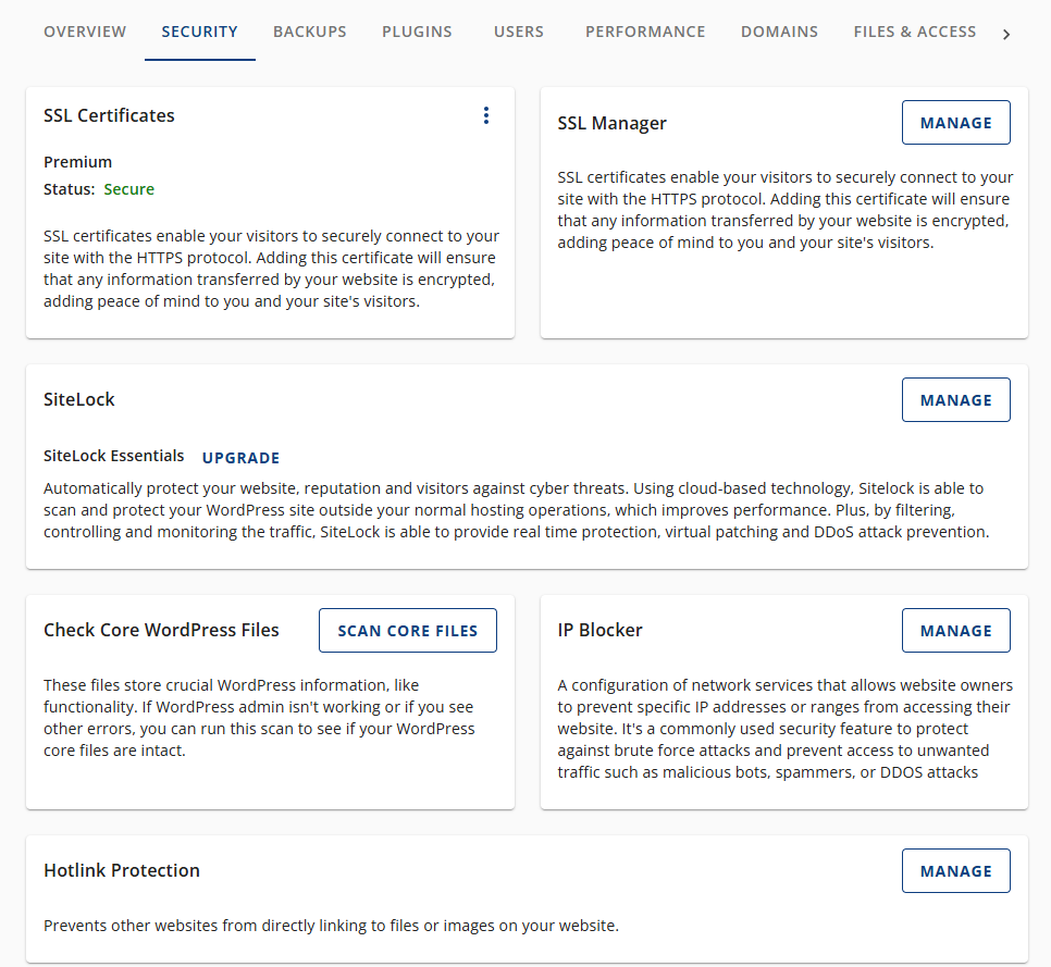 Bluehost Account Manager - Websites Tab Security