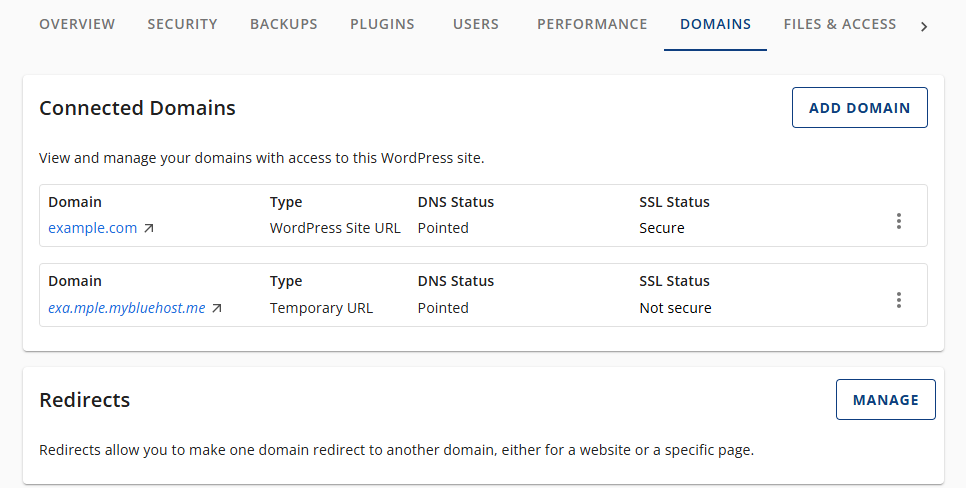 Bluehost Account Manager -Performance Tab Domains