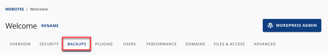 BH Websites Backups Menu