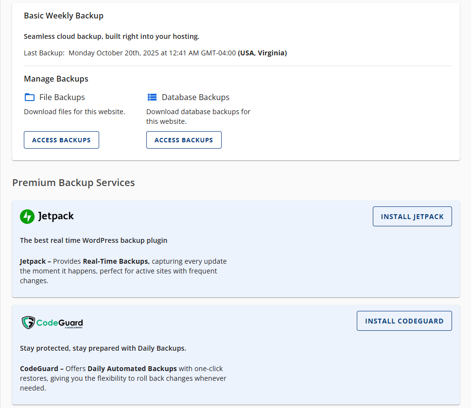 BH Websites Backups Options