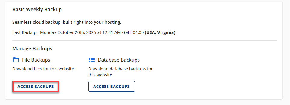 BH Websites Weekly Backups - Access Backups