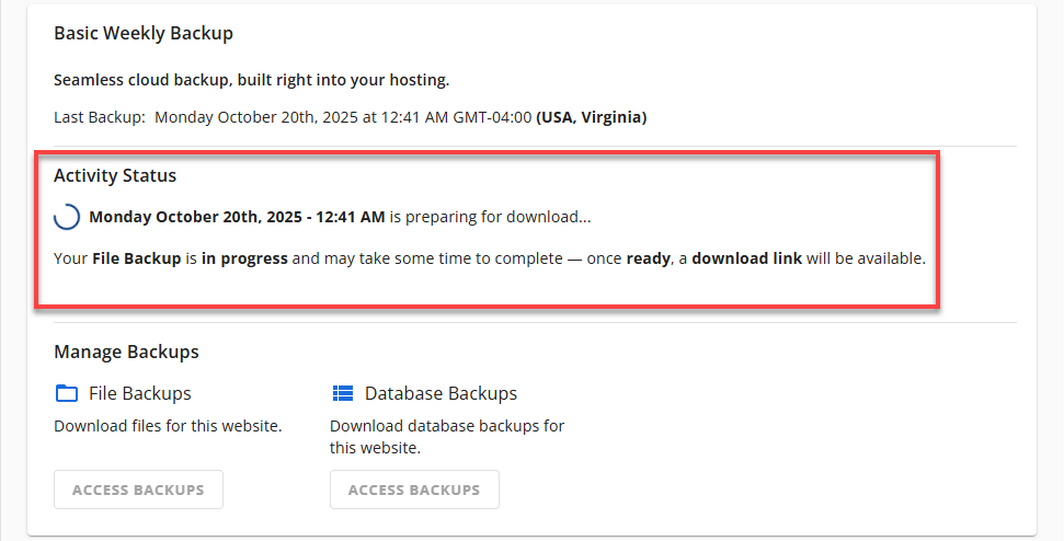 BH Websites Weekly Backups - Access Backups Activity Status In Progress