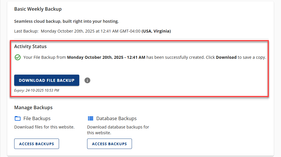 BH Websites Weekly Backups - Access Backups Activity Status Completed