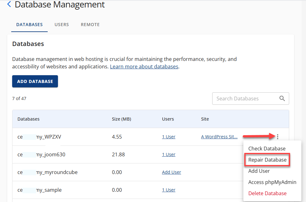 Bluehost Websites Overview Tab - Repair Database
