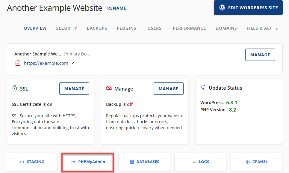 Bluehost Websites Overview Tab - phpMyAdmin