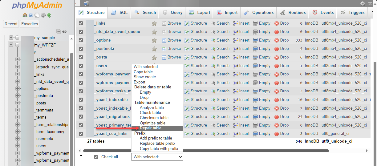 Bluehost cPanel Databases phpMyAdmin Repair Table