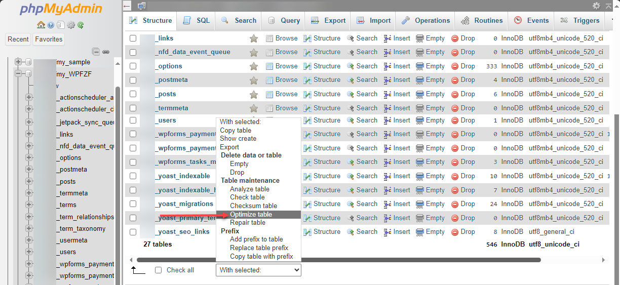 Bluehost cPanel Databases phpMyAdmin Optimiz Table