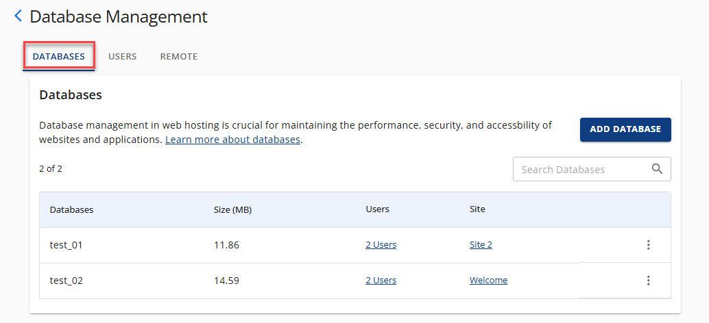 Manage MySQL Database - Databases tab
