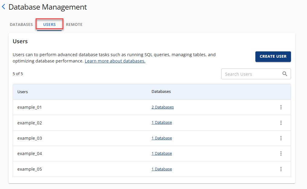 Manage MySQL Database - Users tab