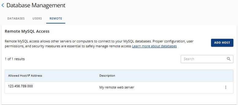 Manage MySQL Database - Remote tab