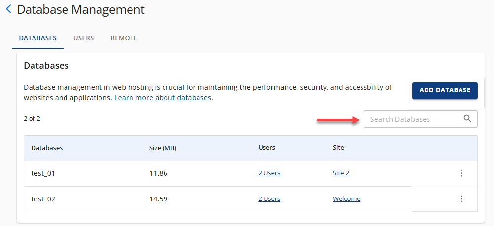 Manage MySQL Database - Search box