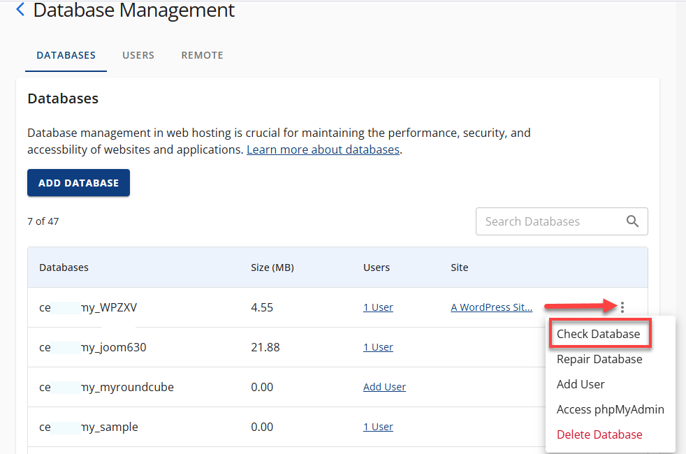Manage MySQL Database - Check Database