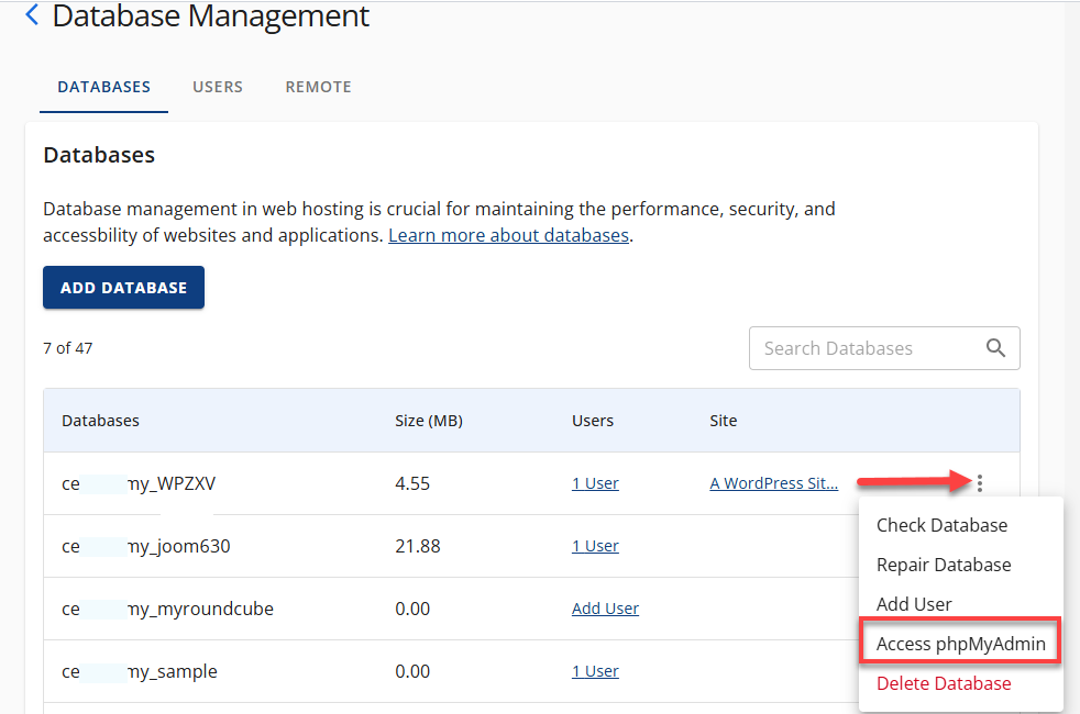 Manage MySQL Database - Access phpMyAdmin