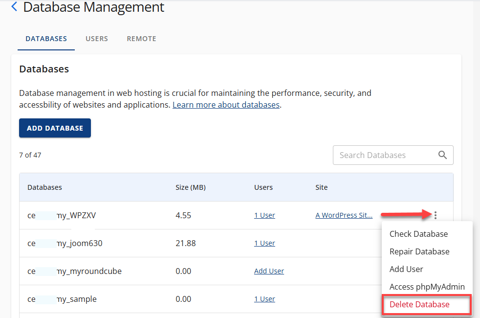 Manage MySQL Database - Delete Database