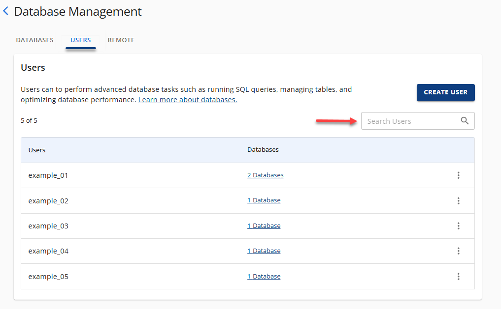 Manage MySQL Database User - Search for a user