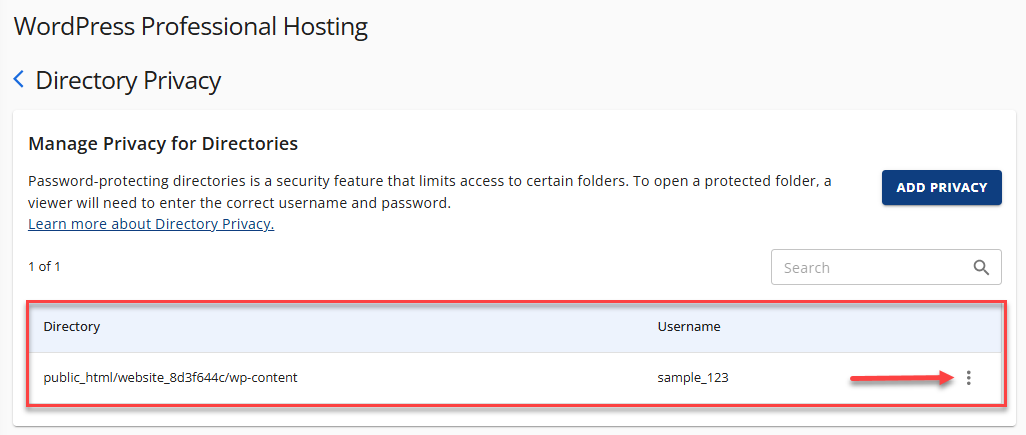 Directory Privacy vertical ellipsis