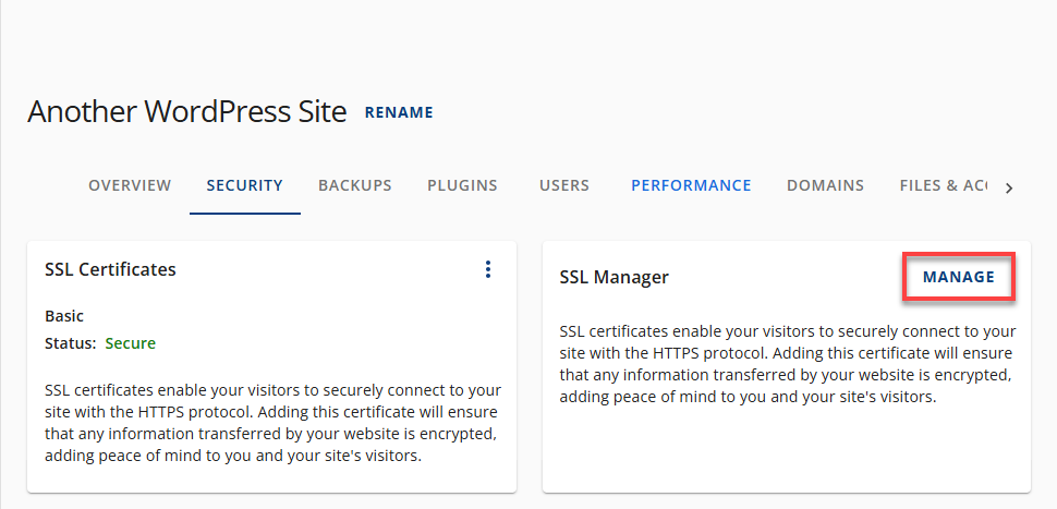 Bluehost Account Manager - Websites Tab Manage SSL Manager