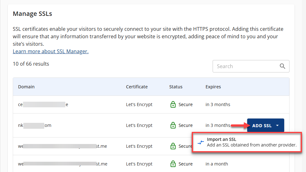 Bluehost Account Manager - Websites Tab Manually Install SSL