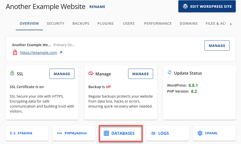 Bluehost Websites Overview Tab - Databases