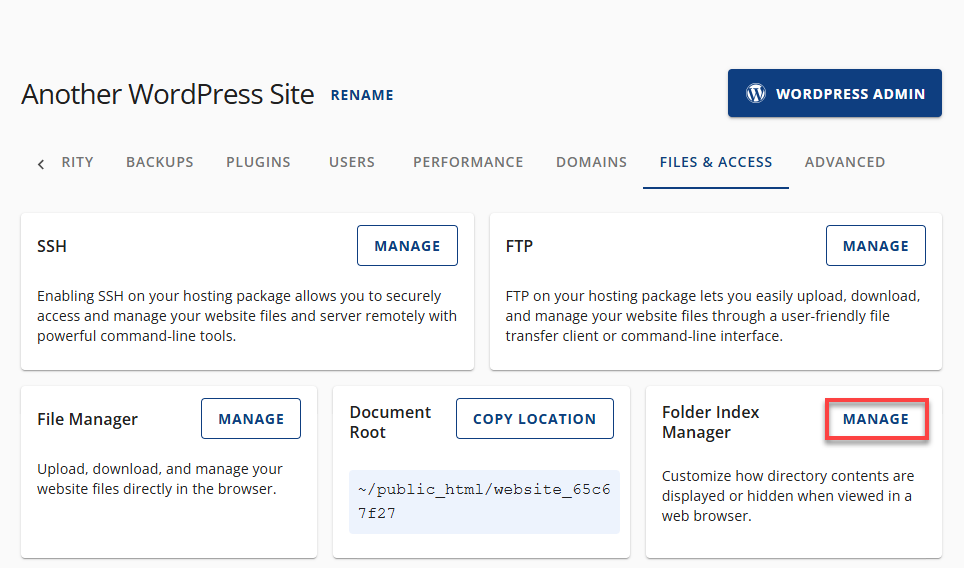 Bluehost Account Manager - Websites Tab Files and Access Manage Indexes