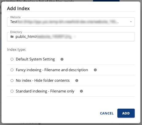 Manage your indexes - Folder Index Manager - Select the website, directory, and index type