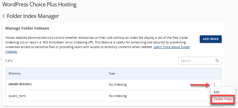 Manage indexes - Folder Index Manager - Delete Index
