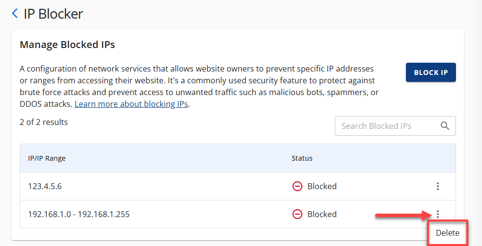 Bluehost Account Manager - Websites Security Tab - Manager IP Blocker - Removed Blocked IP