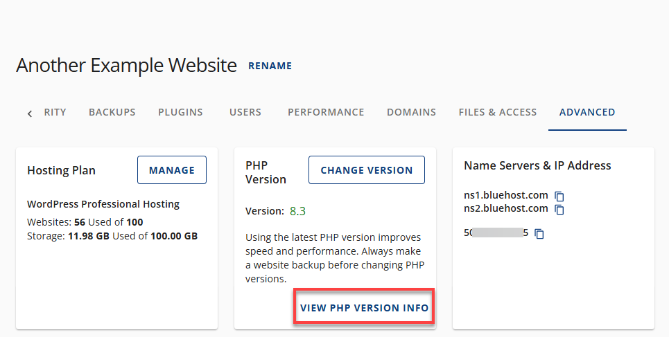 Bluehost Account Manager - Websites Tab Settings