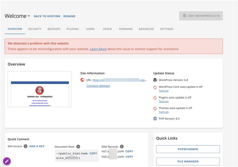 Bluehost Overview Page Website Misconfiguration Error Message