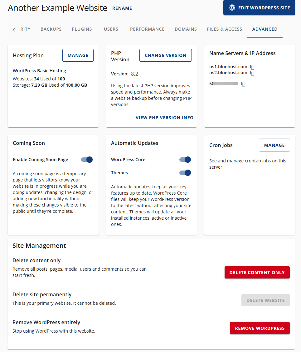 Bluehost Account Manager - Websites Tab Advanced Tab