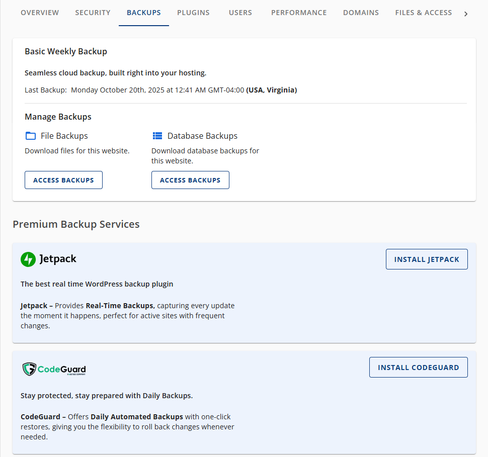 Bluehost Account Manager - Websites Tab Backups