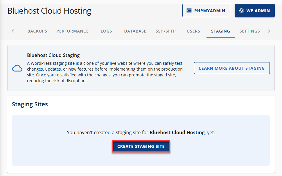 Bluehost Staging - Create Staging Site