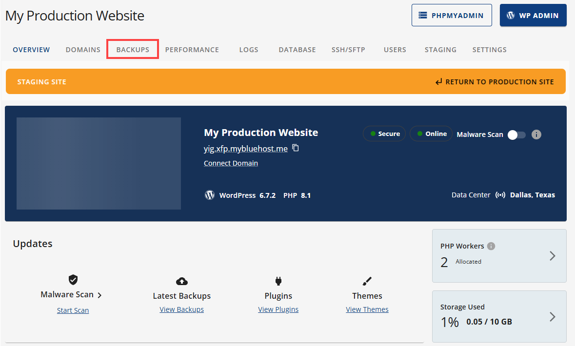 Cloud Staging Site Overview BACKUPS Navigational tab