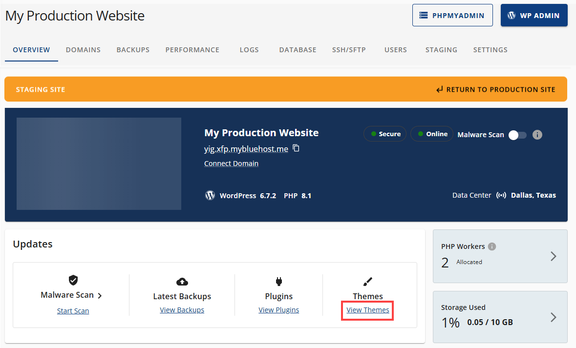 Cloud Staging Site Overview View Themes link