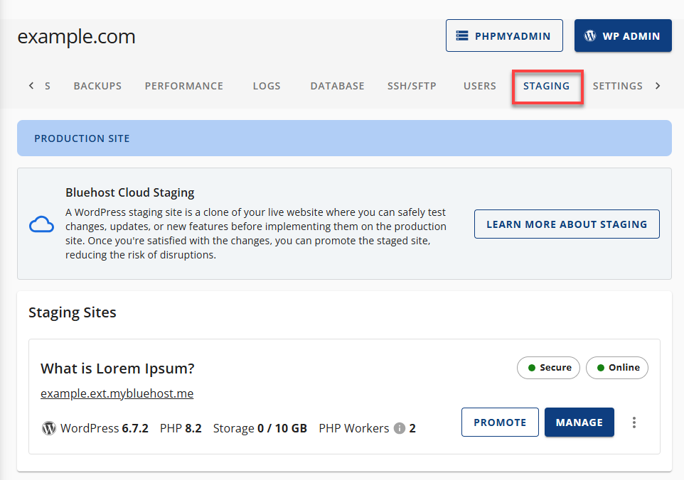 Bluehost Staging - Staging Tab