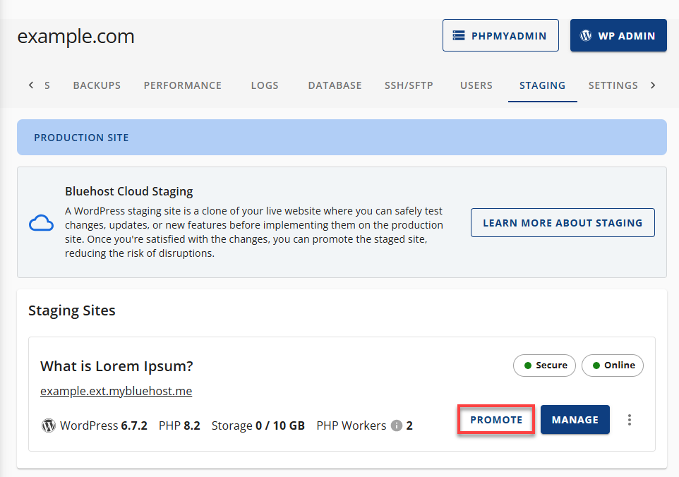 Bluehost Staging - Staging Tab
