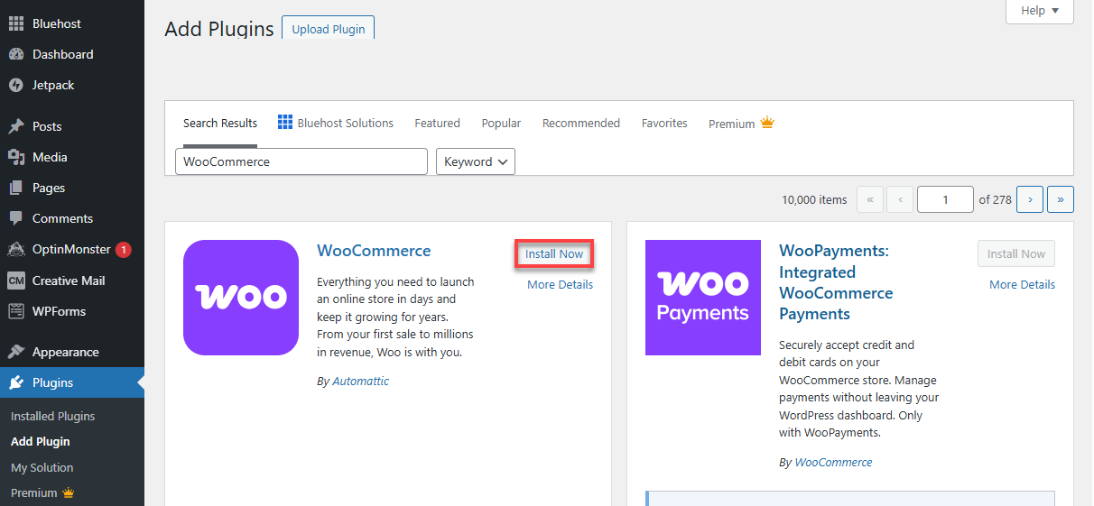 Bluehost WordPress Admin - Install WooCommerce