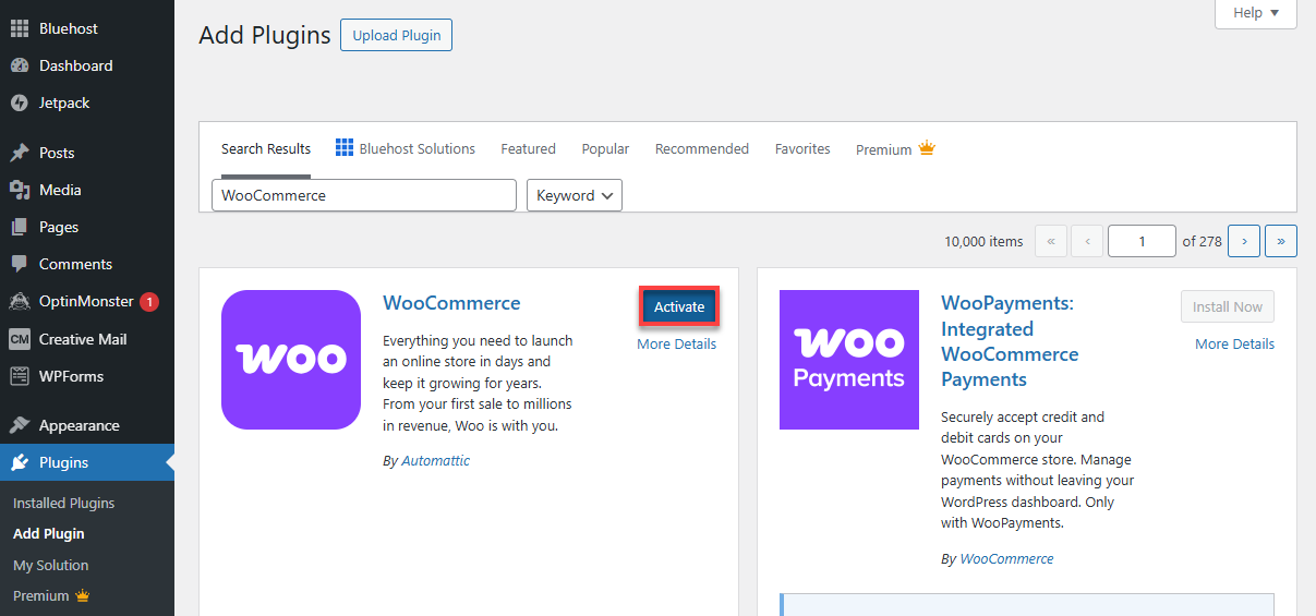 Bluehost WordPress Admin - Activate WooCommerce