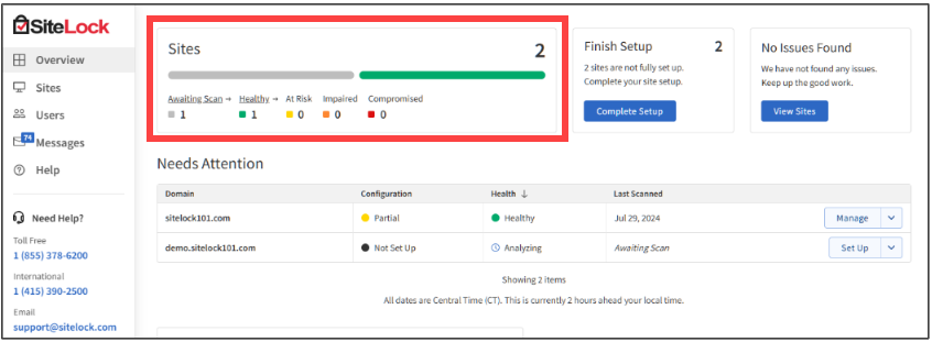 BH SiteLock Dashboard - Sites Section