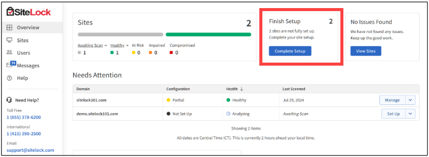 BH SiteLock Dashboard - Finish Setup
