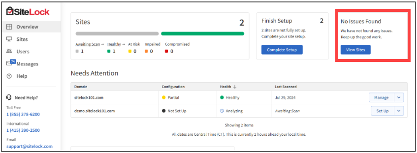 BH SiteLock Dashboard - Alerts Section