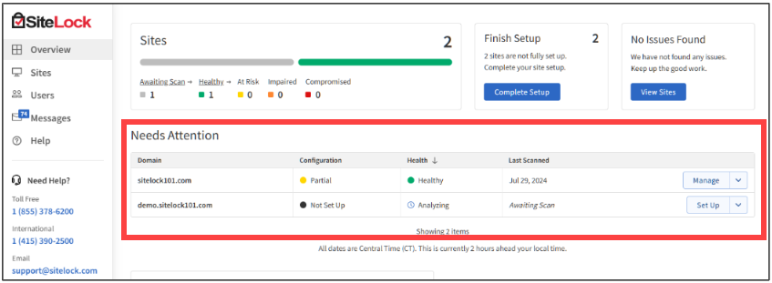 BH SiteLock Dashboard - Needs Attention