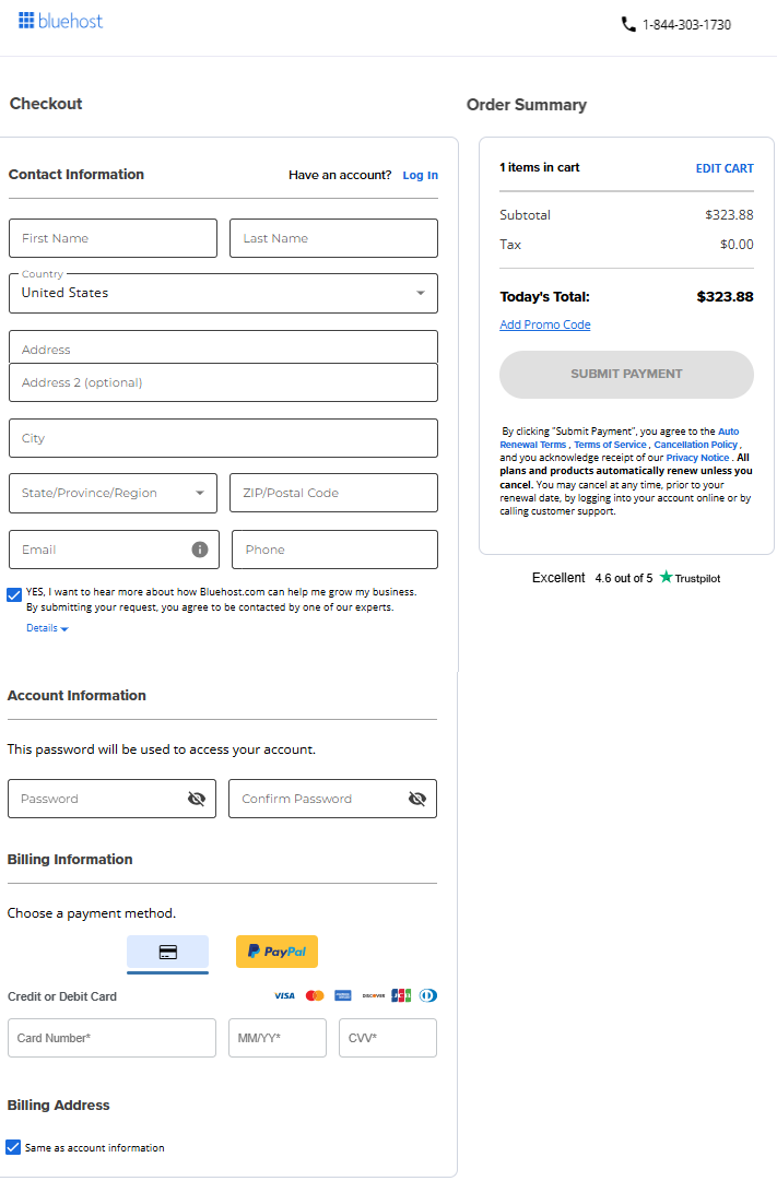 Self-Managed VPS - Checkout - Enter Contact, Account, and Billing Information