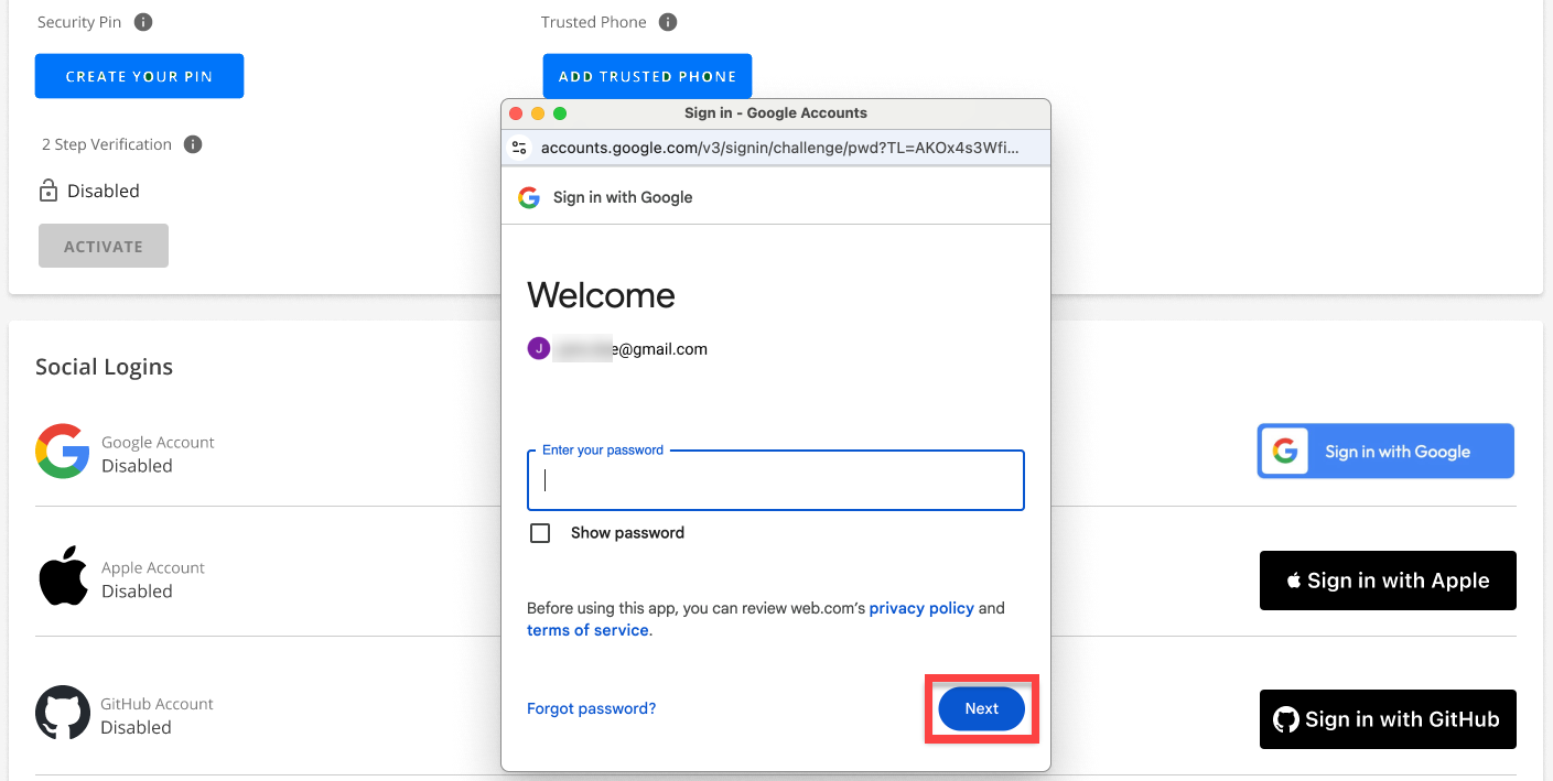 Account Manager - Socials - Sign in with Google - Enter Password