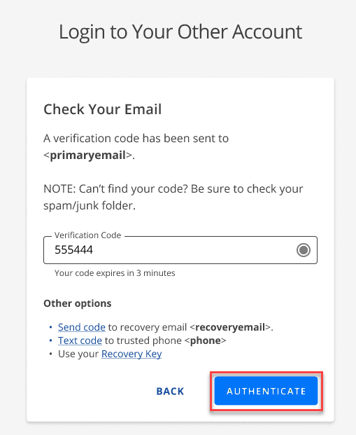 BH Login Page - Enter Verification Code