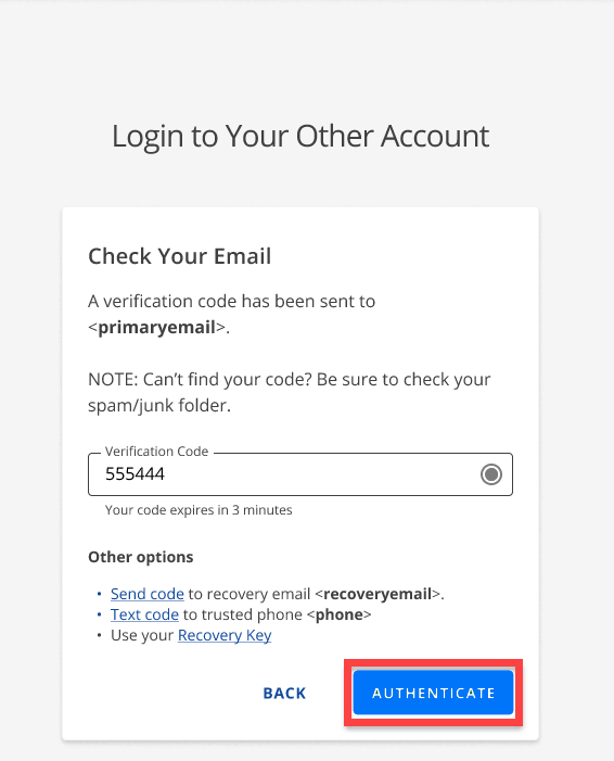 BH Login Page - Enter Verification Code