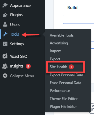 WordPress Dashboard - Tools - Site Health